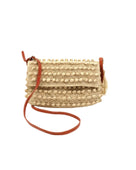 Boucle Natural Crochet Straw Crossbody Bag with Tassel Charm  handmade woven raffia palm fiber in a solid hue of natural straw color in a supple nub/ball texture of horizontal bands around the bag with link weave around the outer envelope closure flap plus adjustable leather shoulder strap beach bag purse - Shebobo