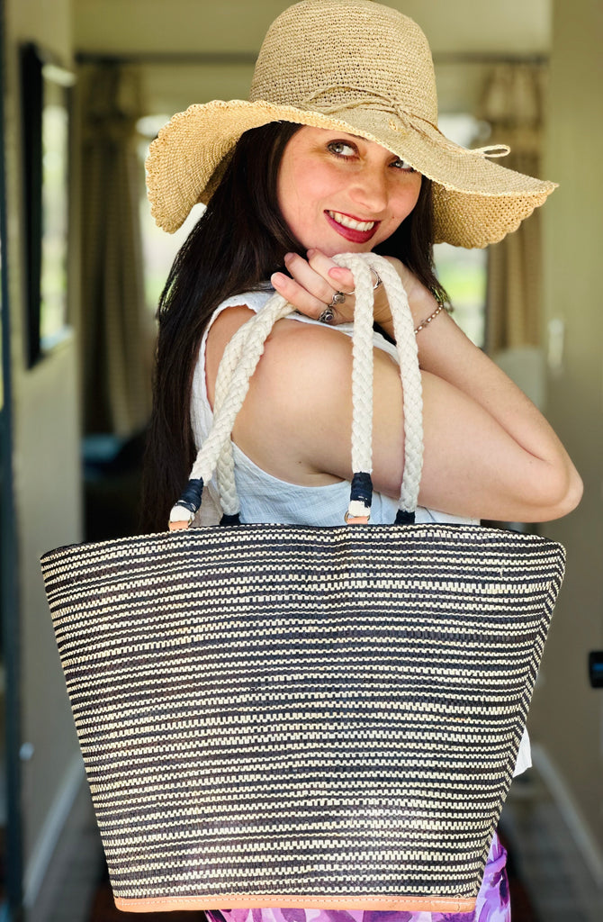 Brighton Black Two Tone Multi Melange Straw Beach Tote Bag with Rope Handle handmade loomed raffia multicolor heathered melange pattern of natural straw color, and black in a horizontal stripe pattern with rope handles with Genevieve Natural Crochet Straw Sun Hat - Shebobo