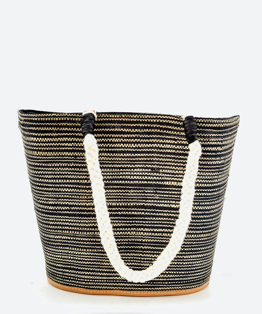 Brighton Black Two Tone Multi Melange Straw Beach Tote Bag with Rope Handle handmade loomed raffia multicolor heathered melange pattern of natural straw color, and black in a horizontal stripe pattern with rope handles - Shebobo