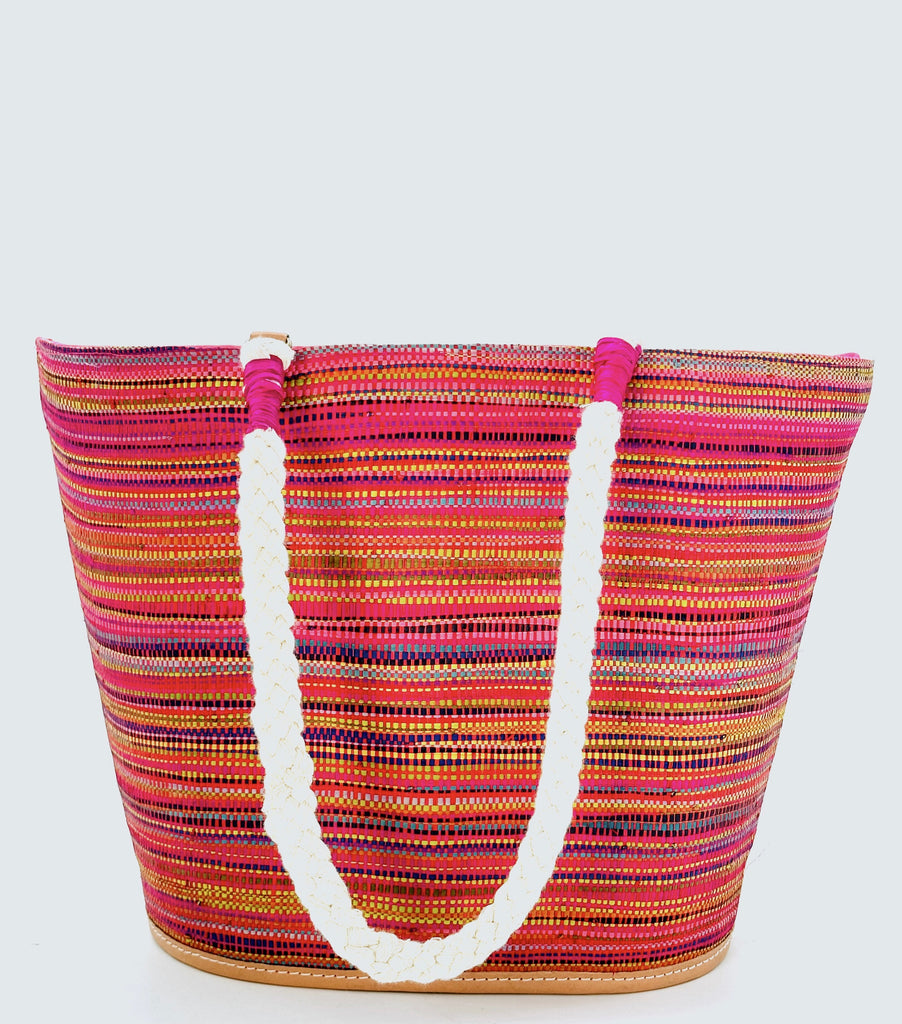 Brighton Fuchsia Multi Melange Straw Beach Tote Bag with Rope Handle handmade loomed raffia multicolor heathered melange pattern of fuchsia pink, coral orange/red, blue, yellow, natural, black, brown, etc in a horizontal stripe pattern with rope handles - Shebobo