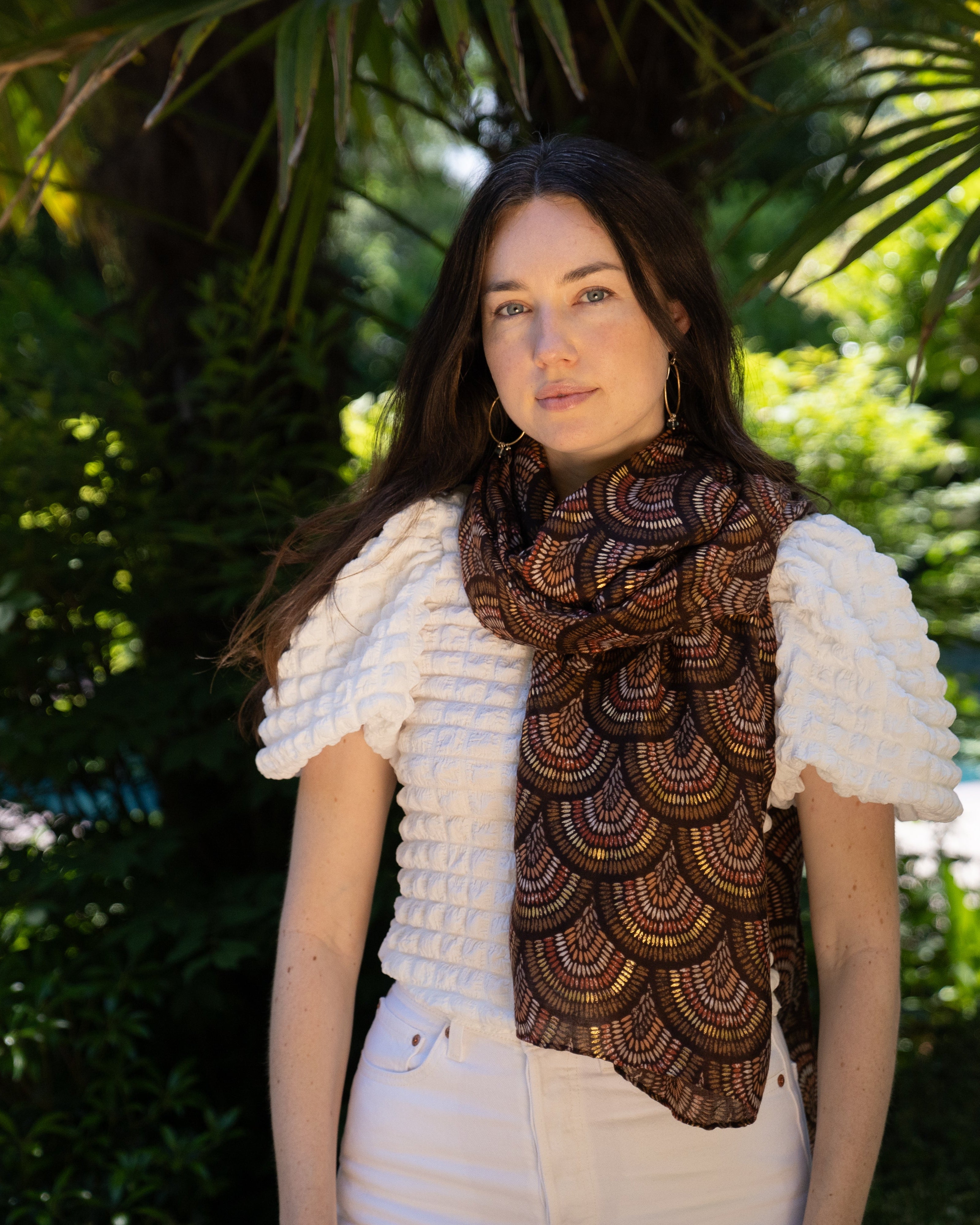 Model wearing Vegas Geometric Print with Metallic Detailing Scarf & Wrap Brown Multicolor Square Patterned Scarf - Shebobo