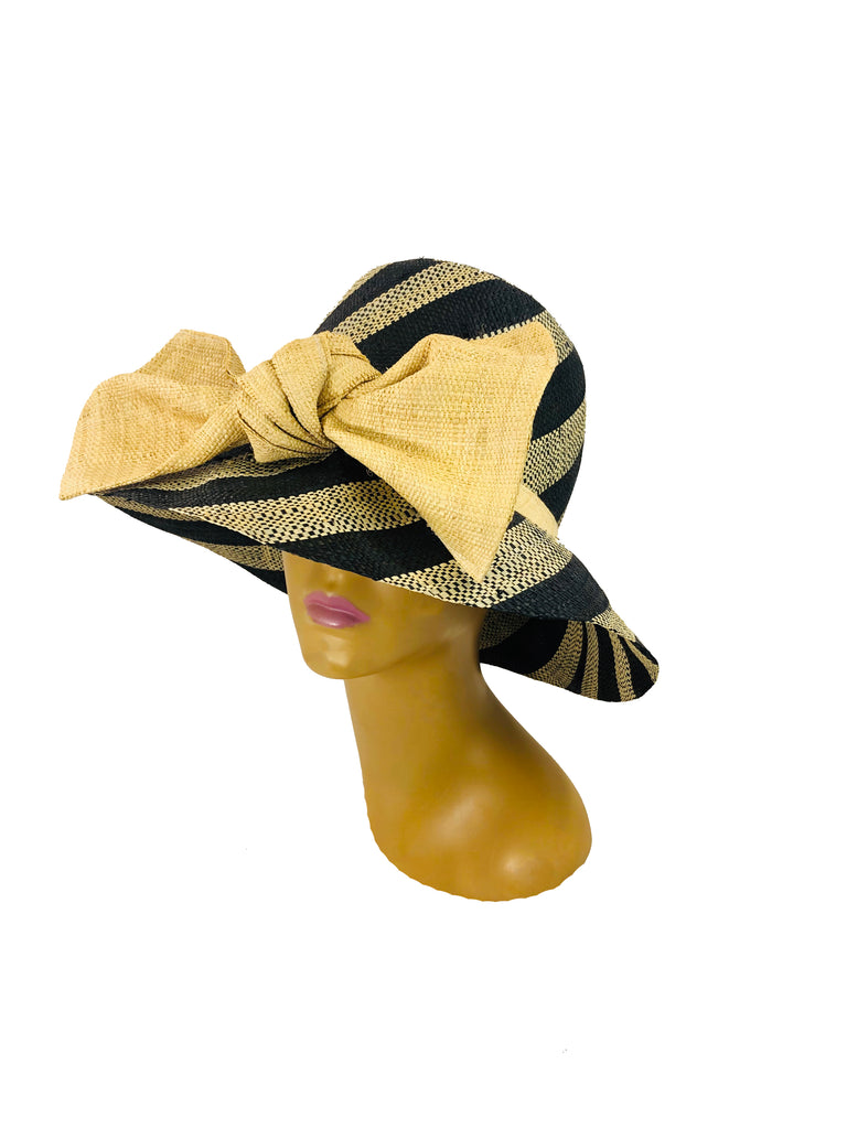3 inch brim Cara Straw Hat with Big Bow handmade loomed raffia in bands of black and natural straw color stripes that create a swirl pattern on the crown and brim with a natural color hat band and extra large bow embellishment - Shebobo