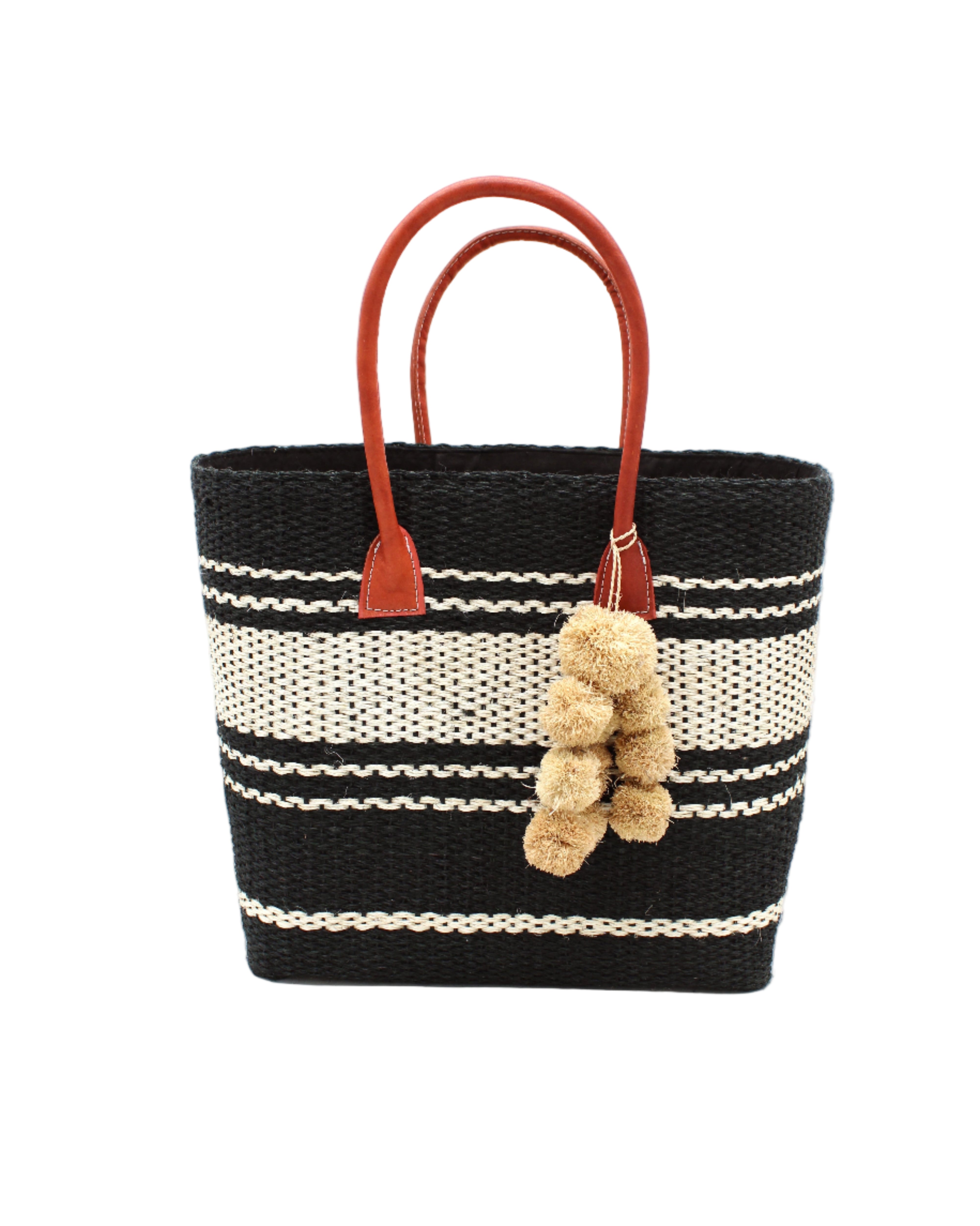 Cabrillo Sisal Basket Bag with Waterfall Pompoms Charm Embellishment handmade natural sisal fiber woven into a multicolor two tone Black and natural straw color  horizontal stripe pattern with muti-width bands of color plus leather handles and natural raffia charm shoulder bag beach bag - Shebobo