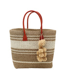 Cabrillo Sisal Basket Bag with Waterfall Pompoms Charm Embellishment handmade natural sisal fiber woven into a multicolor two tone Cappuccino tea/light/brown and natural straw color  horizontal stripe pattern with muti-width bands of color plus leather handles and natural raffia charm shoulder bag beach bag - Shebobo
