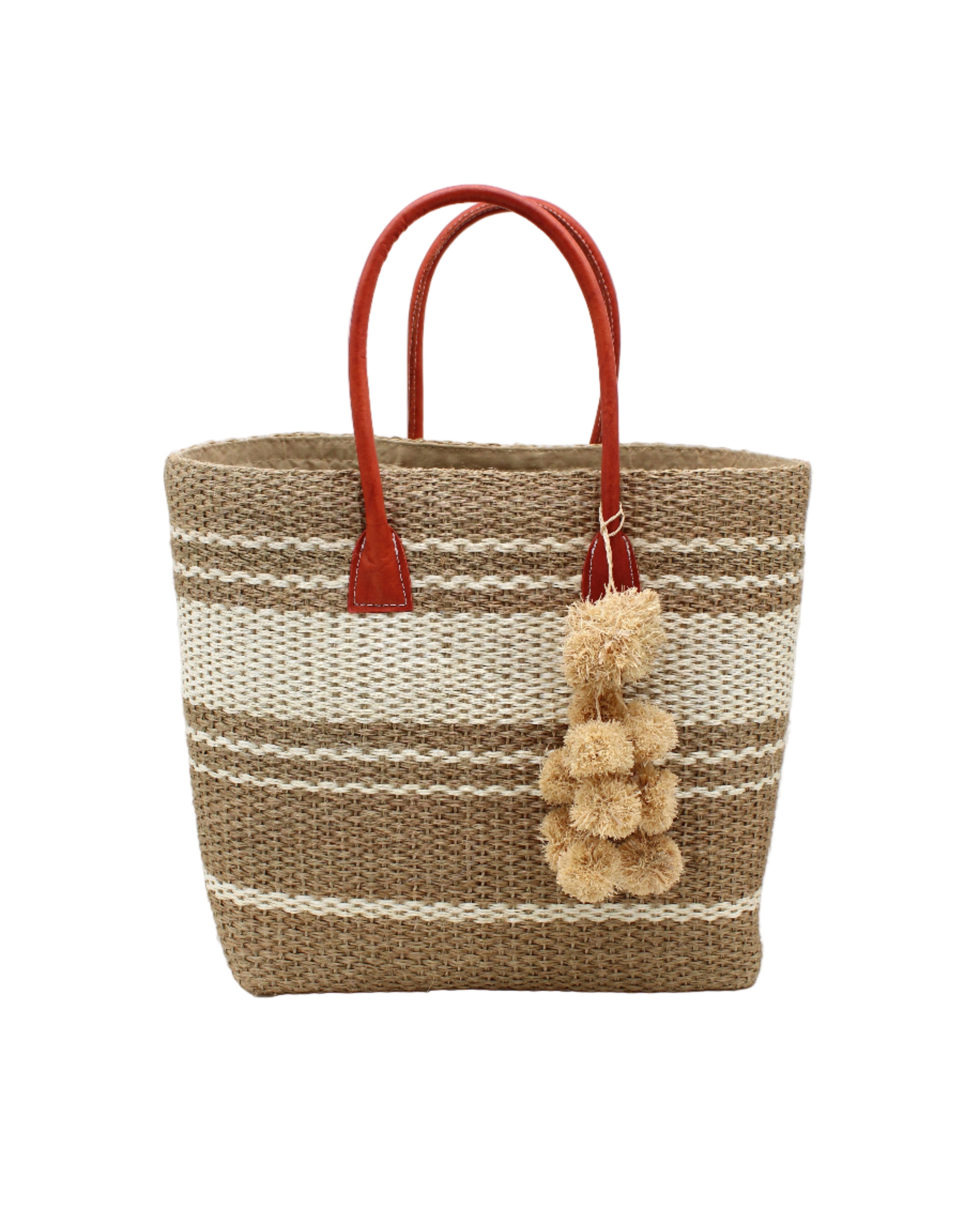 Cabrillo Sisal Basket Bag with Waterfall Pompoms Charm Embellishment handmade natural sisal fiber woven into a multicolor two tone Cappuccino tea/light/brown and natural straw color  horizontal stripe pattern with muti-width bands of color plus leather handles and natural raffia charm shoulder bag beach bag - Shebobo
