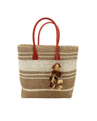 Cabrillo Sisal Basket Bag with Waterfall Pompoms Charm Embellishment handmade natural sisal fiber woven into a multicolor two tone Cappuccino tea/light/brown and natural straw color  horizontal stripe pattern with muti-width bands of color plus leather handles and two tone raffia charm shoulder bag beach bag - Shebobo