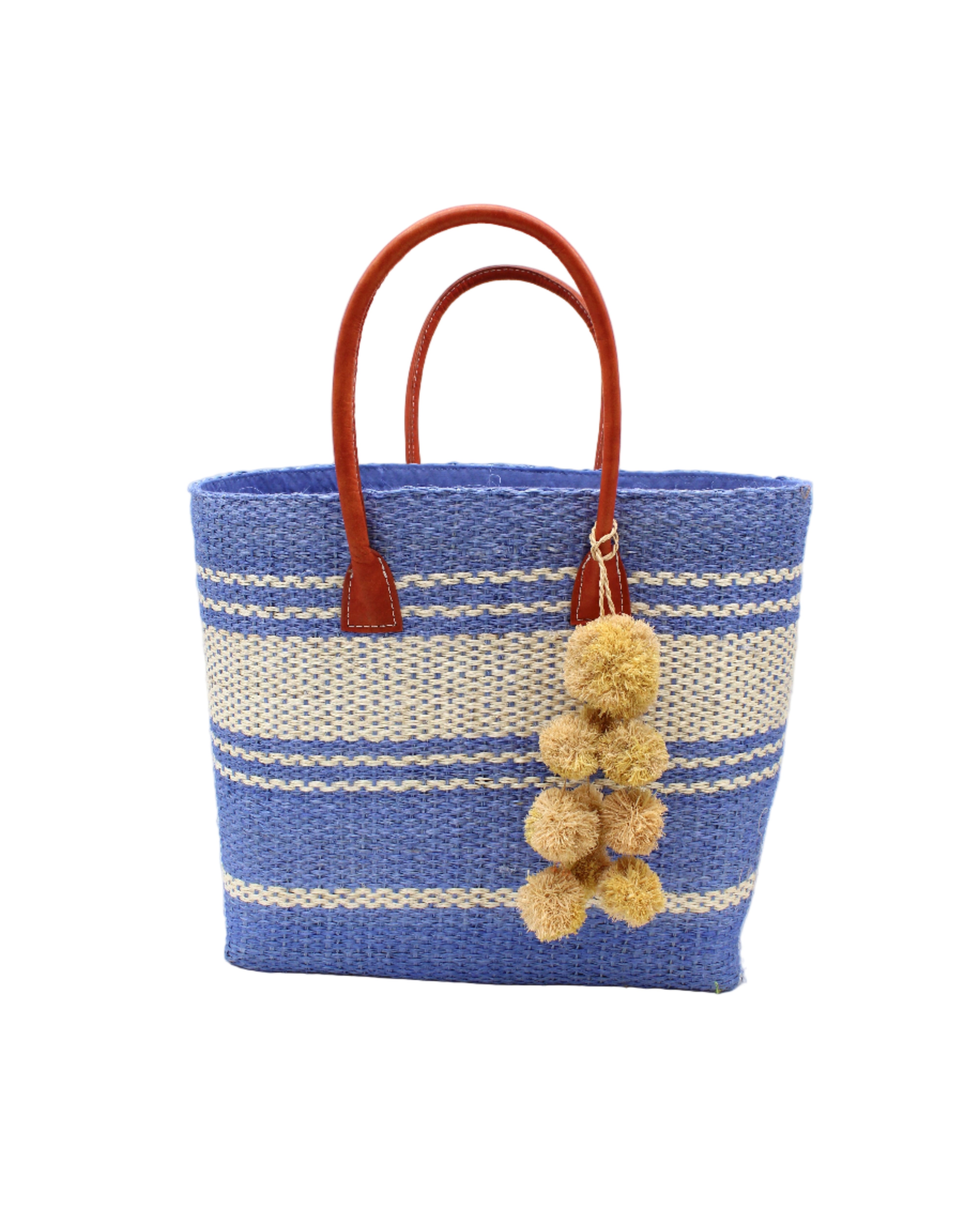 Cabrillo Sisal Basket Bag with Waterfall Pompoms Charm Embellishment handmade natural sisal fiber woven into a multicolor two tone Denim retro/light/blue and natural straw color  horizontal stripe pattern with muti-width bands of color plus leather handles and natural raffia  charm shoulder bag beach bag - Shebobo
