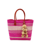 Cabrillo Sisal Basket Bag with Waterfall Pompoms Charm Embellishment handmade natural sisal fiber woven into a multicolor two tone Fuchsia hot/bright/barbie/pink and natural straw color  horizontal stripe pattern with muti-width bands of color plus leather handles and natural raffia charm shoulder bag beach bag - Shebobo