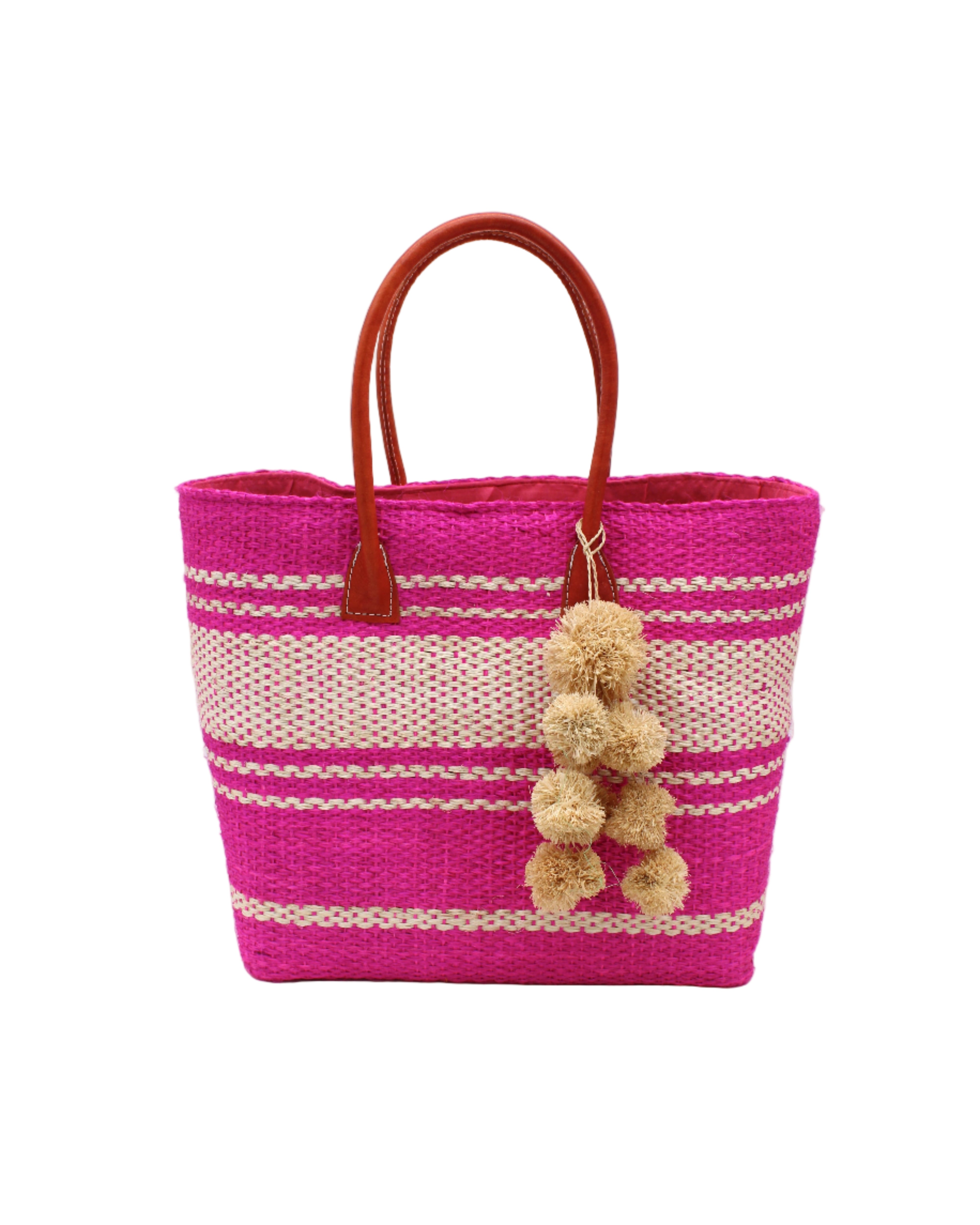 Cabrillo Sisal Basket Bag with Waterfall Pompoms Charm Embellishment handmade natural sisal fiber woven into a multicolor two tone Fuchsia hot/bright/barbie/pink and natural straw color  horizontal stripe pattern with muti-width bands of color plus leather handles and natural raffia charm shoulder bag beach bag - Shebobo
