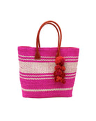 Cabrillo Sisal Basket Bag with Waterfall Pompoms Charm Embellishment handmade natural sisal fiber woven into a multicolor two tone Fuchsia hot/bright/barbie/pink and natural straw color  horizontal stripe pattern with muti-width bands of color plus leather handles and multicolor raffia charm shoulder bag beach bag - Shebobo