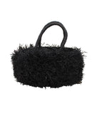 Calypso Pompom Pouf Crochet Straw Basket Handbag handmade natural raffia palm fiber in a solid hue of Black with brushed fringe strands crochet and knotted into a pouf texture with matching wrapped handles purse - Shebobo