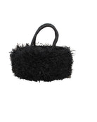 Calypso Pompom Pouf Crochet Straw Basket Handbag handmade natural raffia palm fiber in a solid hue of Black with brushed fringe strands crochet and knotted into a pouf texture with matching wrapped handles purse - Shebobo