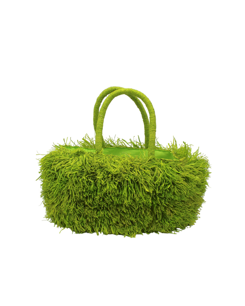 Calypso Pompom Pouf Crochet Straw Basket Handbag handmade natural raffia palm fiber in a solid hue of Midori lime/bright/neon/green with brushed fringe strands crochet and knotted into a pouf texture with matching wrapped handles purse - Shebobo