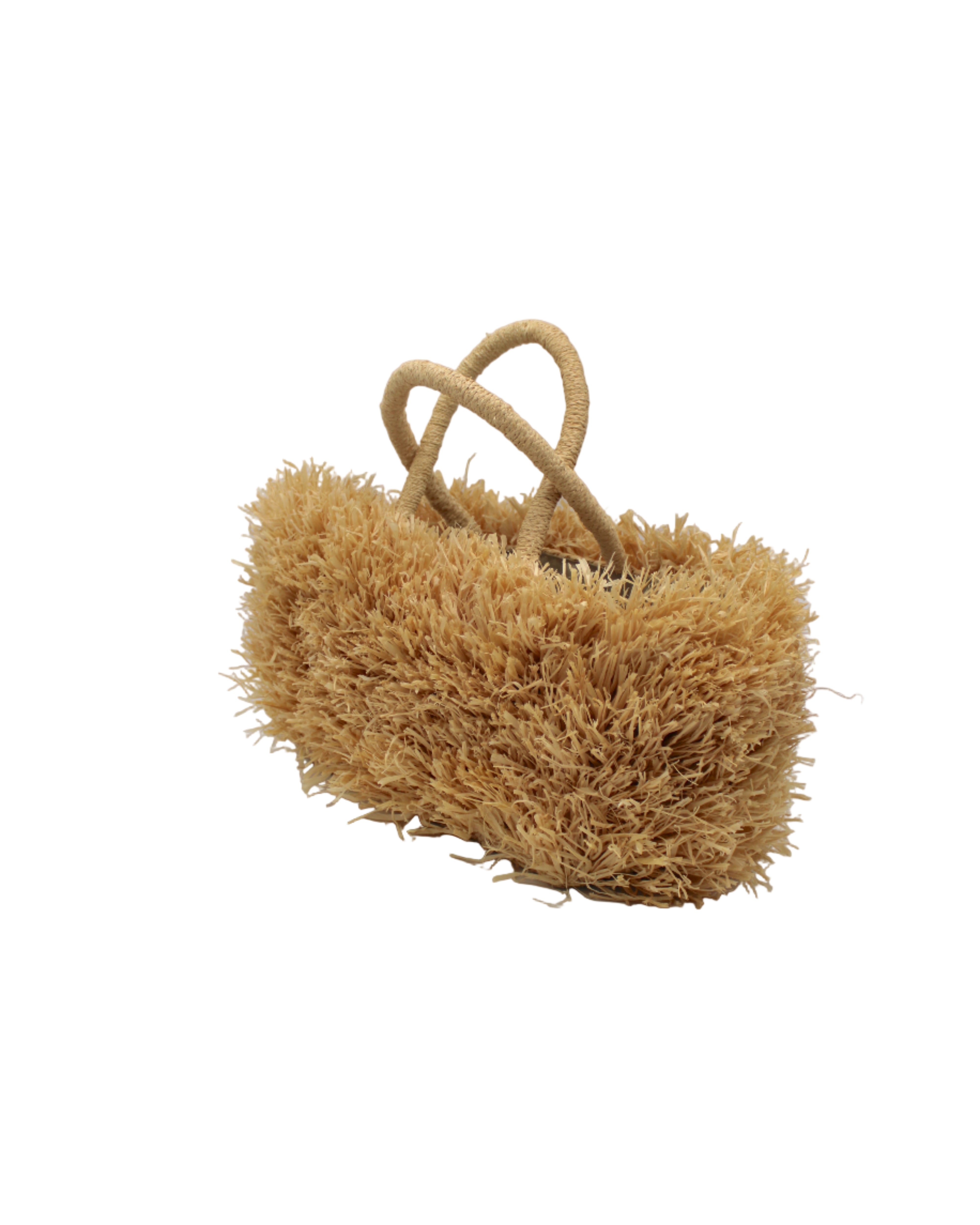 Side view Calypso Pompom Pouf Crochet Straw Basket Handbag handmade natural raffia palm fiber in a solid hue of Natural straw color with brushed fringe strands crochet and knotted into a pouf texture with matching wrapped handles purse - Shebobo