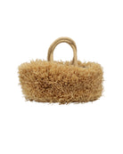 Calypso Pompom Pouf Crochet Straw Basket Handbag handmade natural raffia palm fiber in a solid hue of Natural straw color with brushed fringe strands crochet and knotted into a pouf texture with matching wrapped handles purse - Shebobo