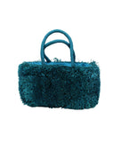 Calypso Pompom Pouf Crochet Straw Basket Handbag handmade natural raffia palm fiber in a solid hue of Turquoise blue/green with brushed fringe strands crochet and knotted into a pouf texture with matching wrapped handles purse - Shebobo