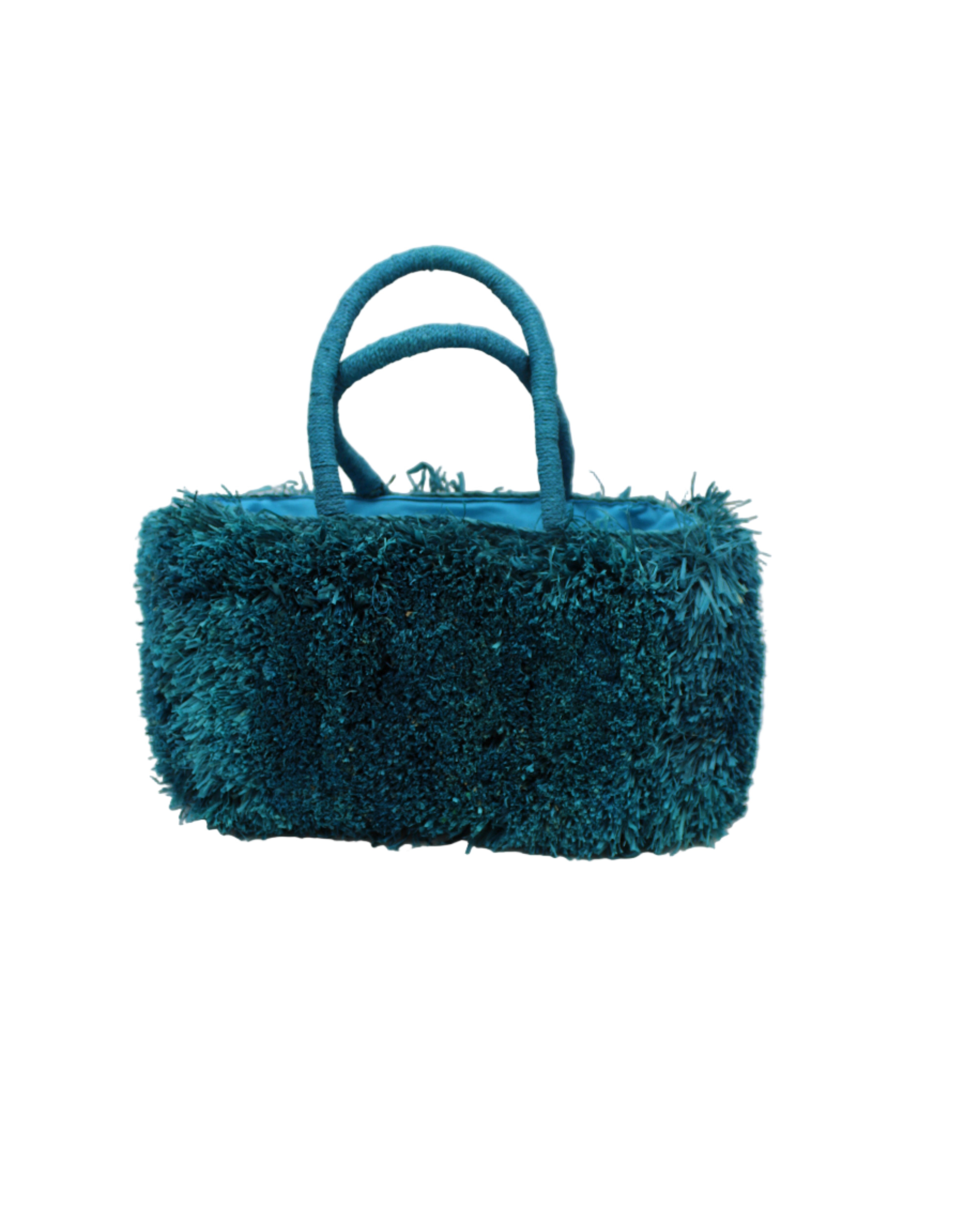Calypso Pompom Pouf Crochet Straw Basket Handbag handmade natural raffia palm fiber in a solid hue of Turquoise blue/green with brushed fringe strands crochet and knotted into a pouf texture with matching wrapped handles purse - Shebobo