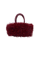 Calypso Pompom Pouf Crochet Straw Basket Handbag handmade natural raffia palm fiber in a solid hue of Umberwine burgunday/bordeaux/dark/purple/red with brushed fringe strands crochet and knotted into a pouf texture with matching wrapped handles purse - Shebobo