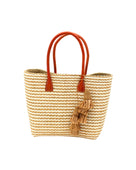Cancun Small Sisal Basket Bag with Tassel Charm handmade natural sisal fibers woven into even width horizontal bands of cappuccino light brown and natural straw color that create a pinstripe pattern with matching knotted raffia tufts tassel charm embellishment and leather handles beach bag - Shebobo