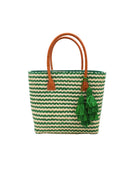Cancun Small Sisal Basket Bag with Tassel Charm handmade natural sisal fibers woven into even width horizontal bands of deep green and natural straw color that create a pinstripe pattern with matching knotted raffia tufts tassel charm embellishment and leather handles beach bag - Shebobo