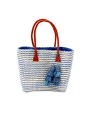 Cancun Small Sisal Basket Bag with Tassel Charm handmade natural sisal fibers woven into even width horizontal bands of denim/retro/light blue and natural straw color that create a pinstripe pattern with matching knotted raffia tufts tassel charm embellishment and leather handles beach bag - Shebobo
