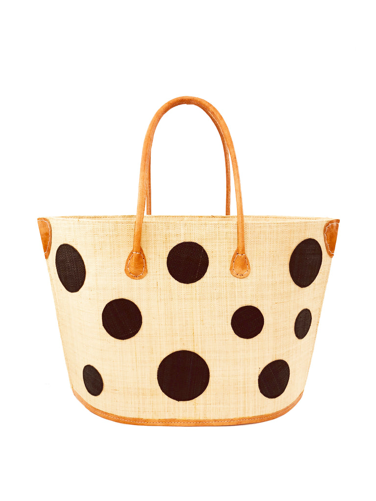 Capri black polka dots pattern on natural straw color raffia tote bag basket with leather handles - Shebobo