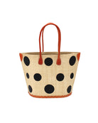 Capri Polka Dot Black Small Straw Tote Bag handmade loomed raffia palm fiber in a solid hue of natural straw color with various sized black dots stitched on in a random pattern with leather handles and accents handbag shoulder bag beach bag - Shebobo