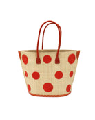 Capri Polka Dot Coral Small Straw Tote Bag handmade loomed raffia palm fiber in a solid hue of natural straw color with various sized coral orange/red dots stitched on in a random pattern with leather handles and accents handbag shoulder bag beach bag - Shebobo