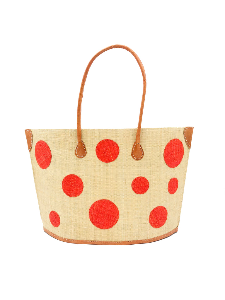 Capri coral red/orange polka dots pattern on natural straw color raffia tote bag basket with leather handles - Shebobo