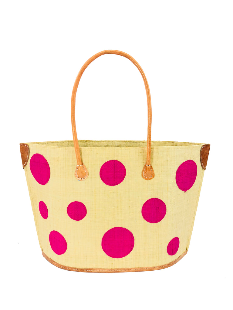 Capri fuchsia pink polka dots pattern on natural straw color raffia tote bag basket with leather handles - Shebobo