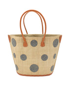 Capri Polka Dot Grey Small Straw Tote Bag handmade loomed raffia palm fiber in a solid hue of natural straw color with various sized grey dots stitched on in a random pattern with leather handles and accents handbag shoulder bag beach bag - Shebobo