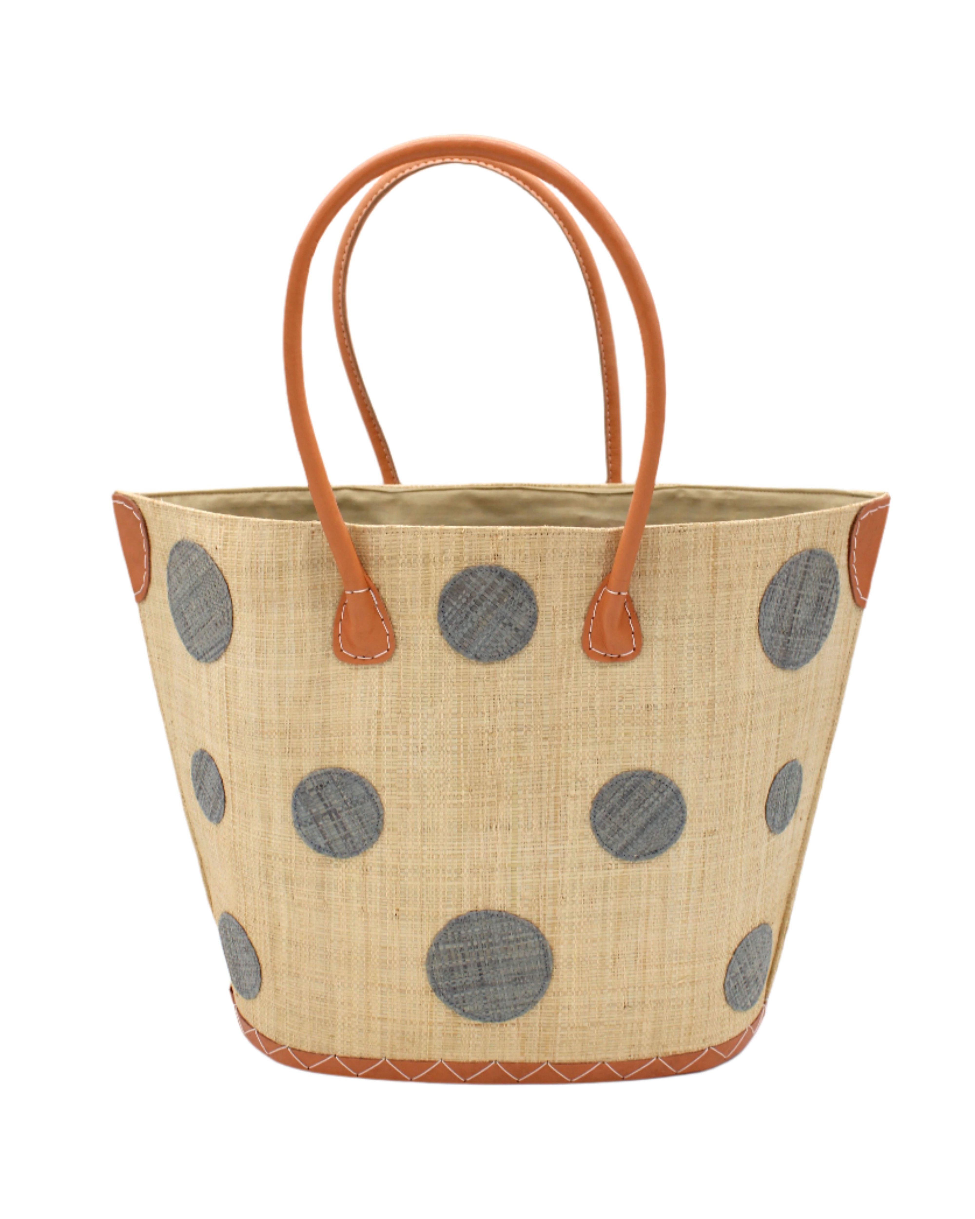 Capri Polka Dot Grey Small Straw Tote Bag handmade loomed raffia palm fiber in a solid hue of natural straw color with various sized grey dots stitched on in a random pattern with leather handles and accents handbag shoulder bag beach bag - Shebobo