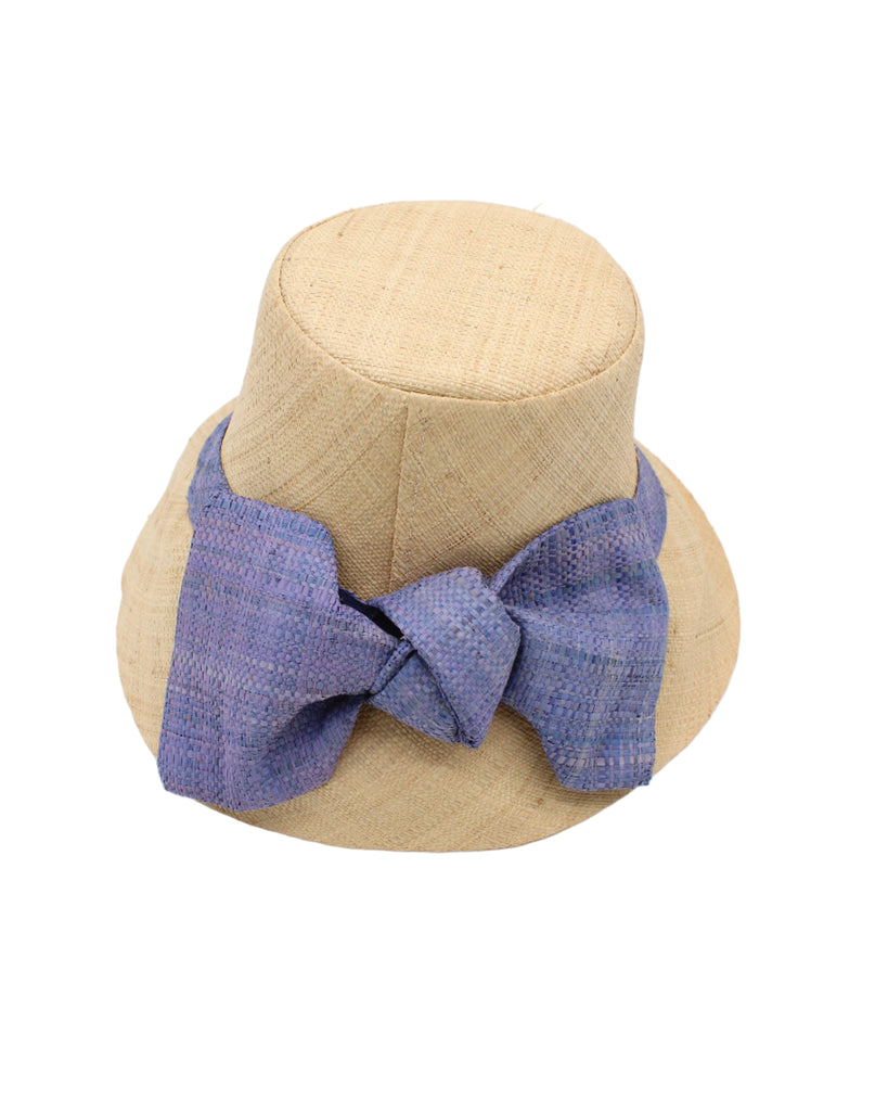 Cara Big Bow Straw Hat Handmade loomed raffia straw hat solid natural bucket hat with large denim retro/light/blue bow - Shebobo