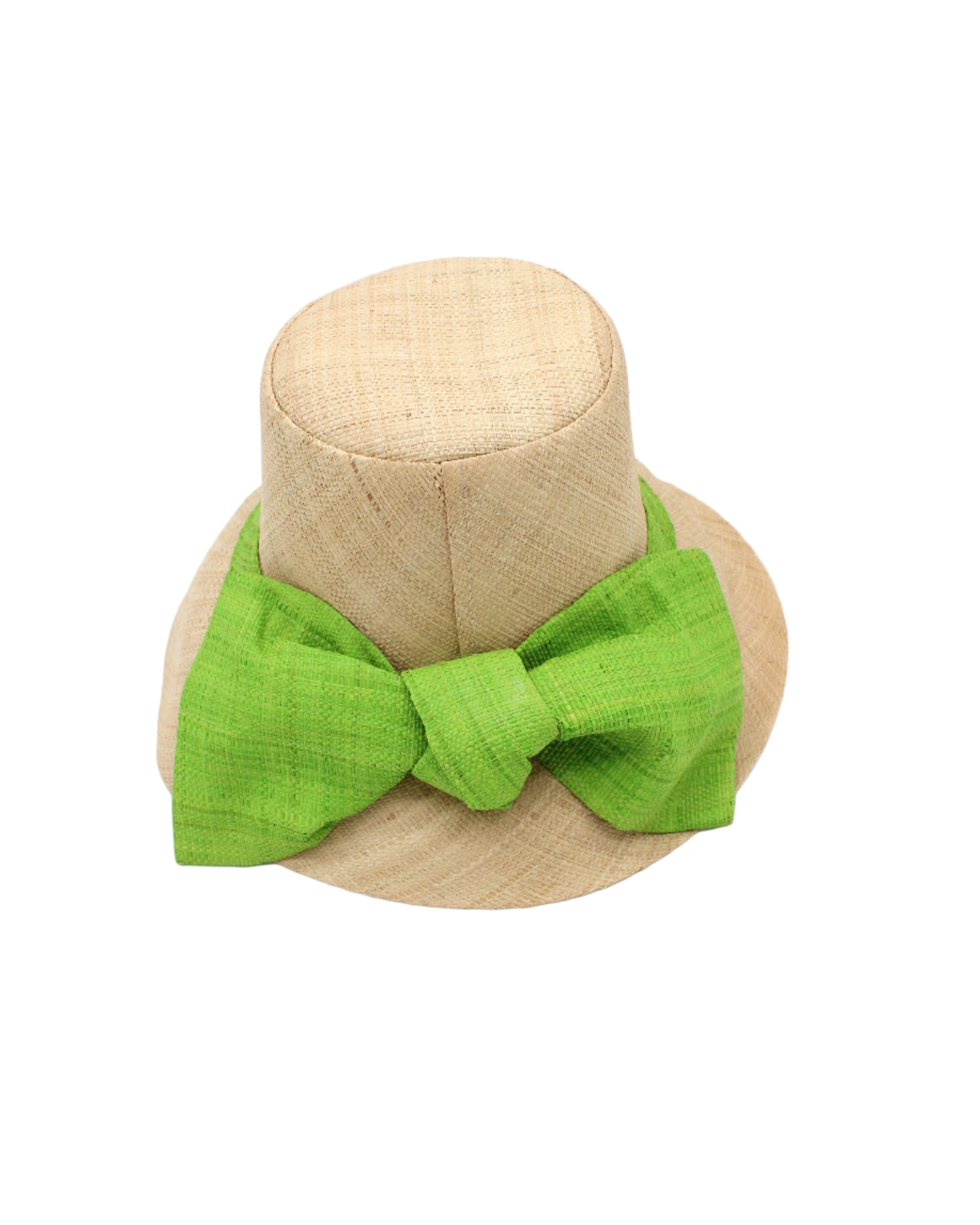 Cara Big Bow Straw Hat Handmade loomed raffia straw hat solid natural bucket hat with large midori lime/bright/neon/green bow - Shebobo