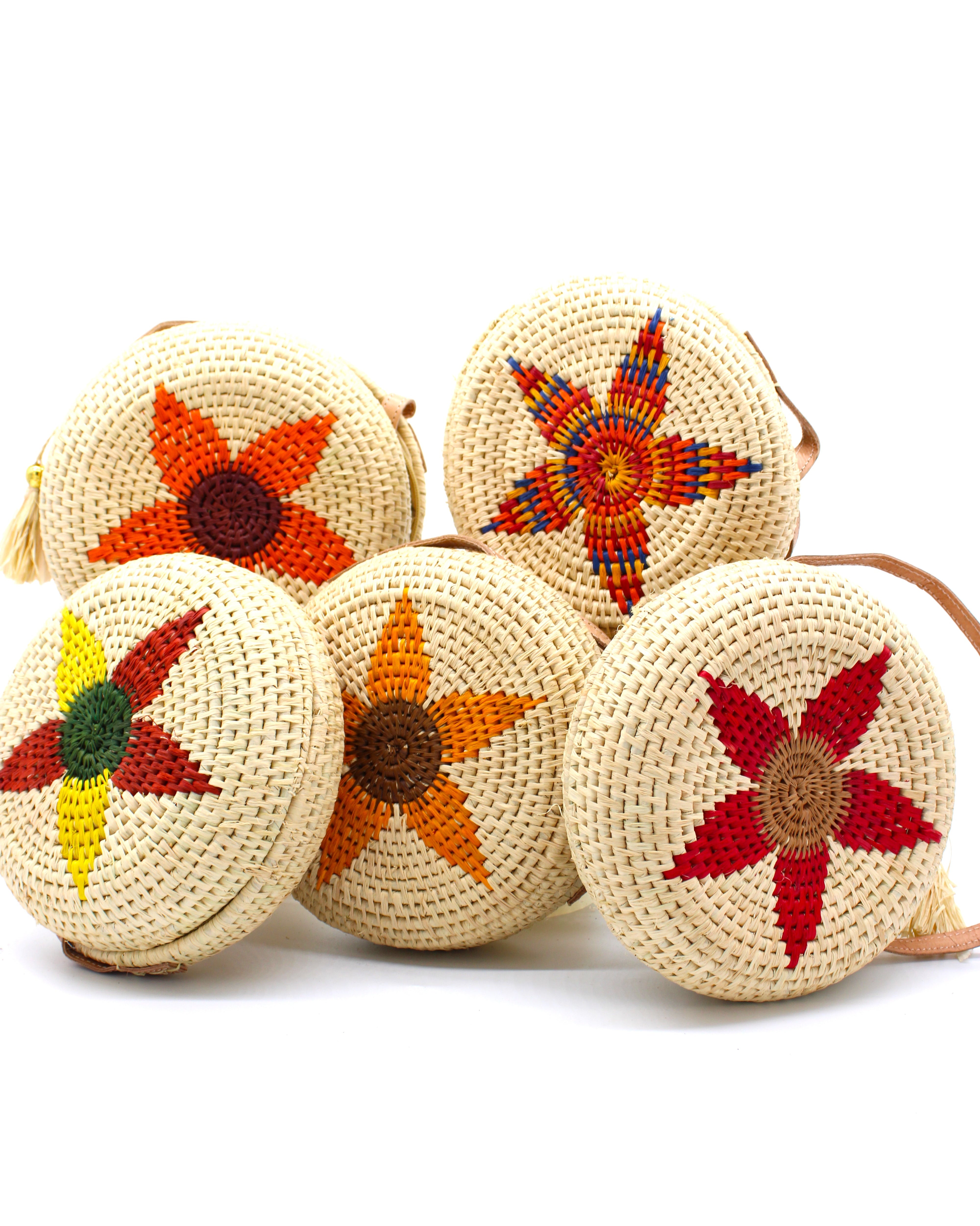 Carmel Crochet Round Flower Crossbody bag with Tassel Assorted Flower colors with adjustable leather strap and tassel zipper pull purse - sold assorted - Shebobo