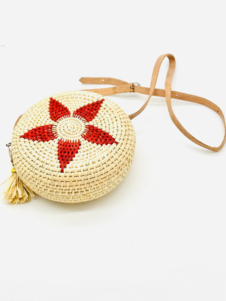 Carmel Crochet Round Flower Crossbody bag with Tassel Assorted Flower colors with adjustable leather strap and tassel zipper pull purse - Shebobo