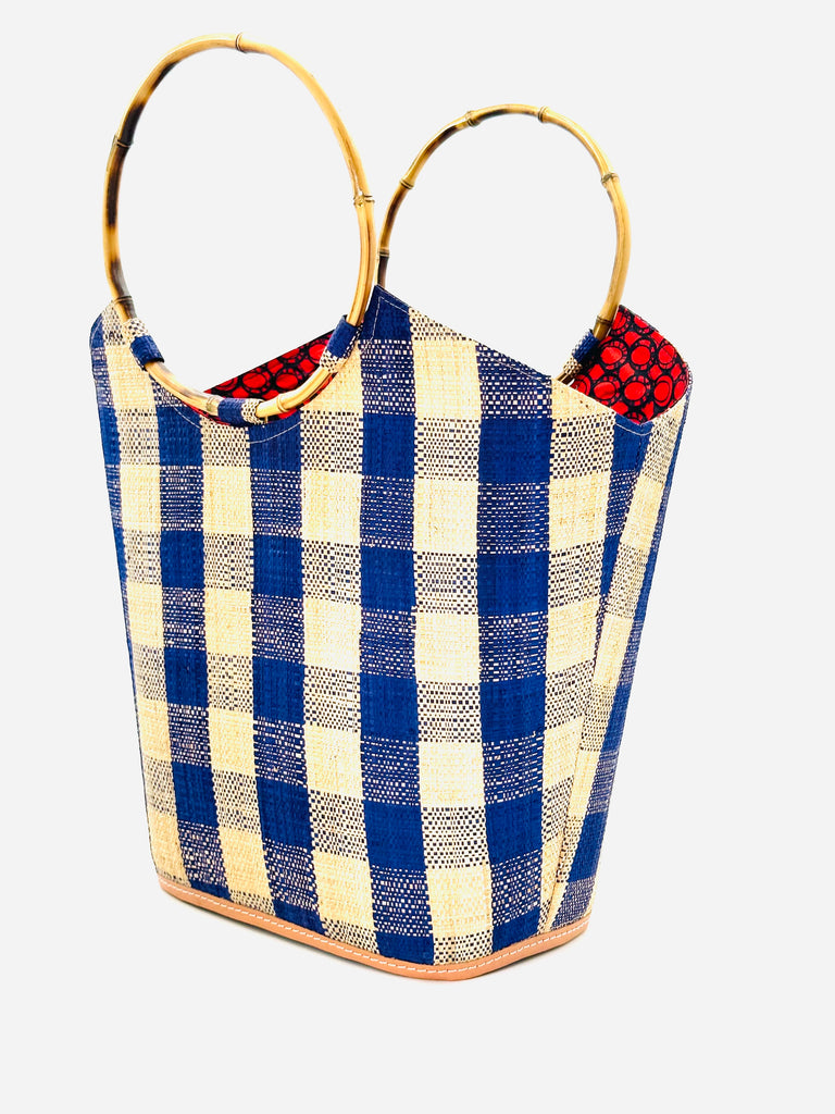 Carmen Gingham Straw Bucket Bag in Blue and Natural two tone large plaid pattern handmade handbag with bamboo handles purse - Shebobo