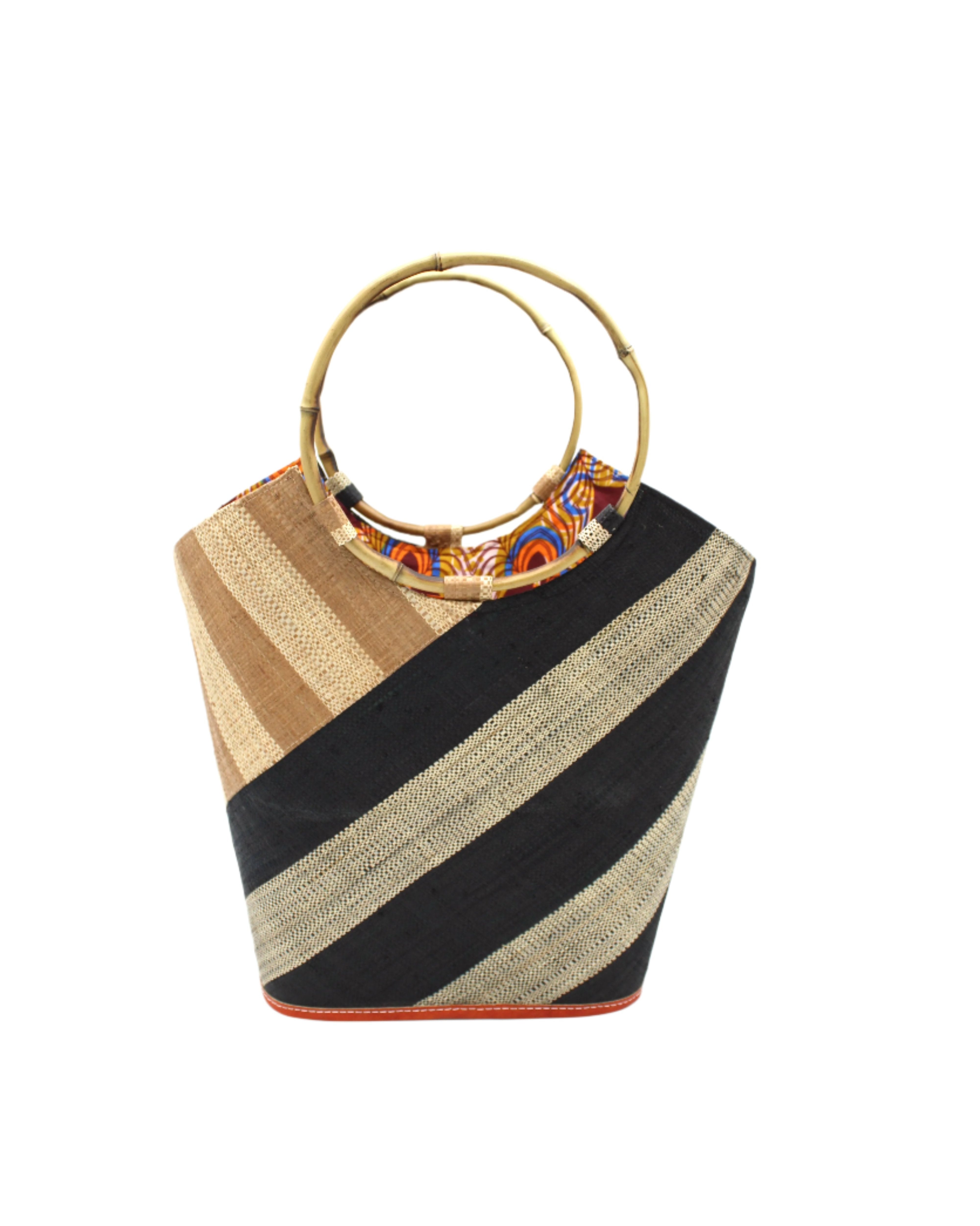 Carmen Double Wide Stripe Straw Bucket Bag with Bamboo Handles