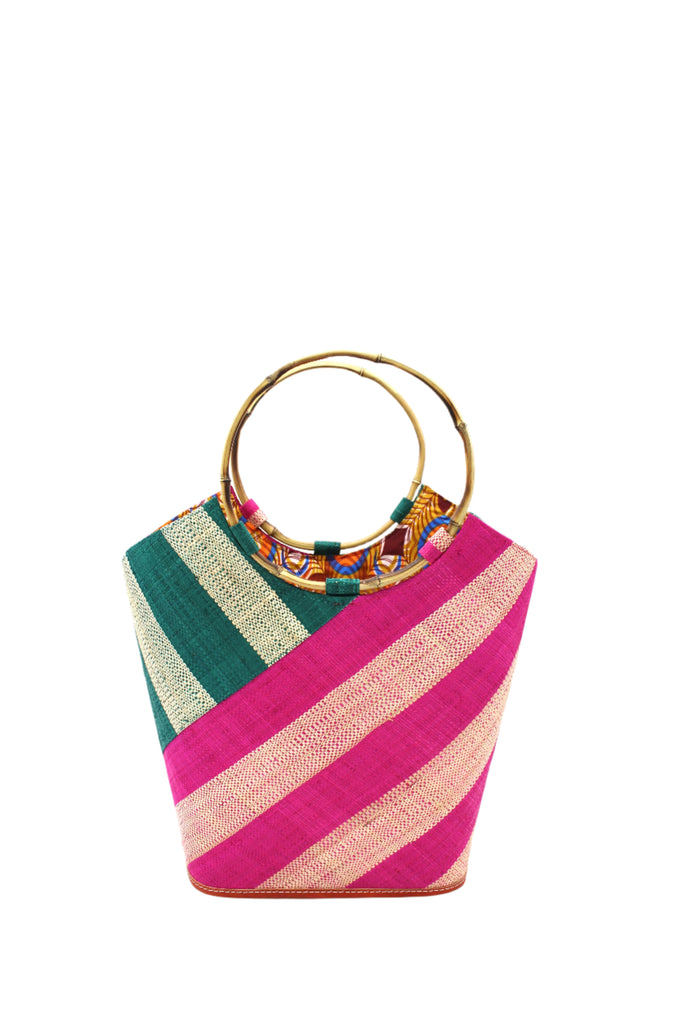 Carmen Double Wide Stripe Fuchsia & Teal Straw Bucket Bag w/ Bamboo Handle handmade loomed raffia palm fiber in even width wide stripe pattern of Fuchsia hot/bright/barbie/pink and natural straw color oriented on the diagonal of three quarters of the bag with matching stripe pattern of teal dark/blue/green and natural diagonally on the top left corner quarter shoulder bag handbag - Shebobo