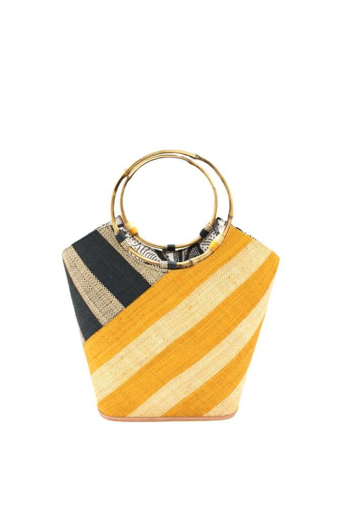 Carmen Double Wide Stripe Saffron & Black Straw Bucket Bag w/ Bamboo Handle handmade loomed raffia palm fiber in even width wide stripe pattern of Saffron yellow/orange and natural straw color oriented on the diagonal of three quarters of the bag with matching stripe pattern of black and natural diagonally on the top left corner quarter shoulder bag handbag - Shebobo
