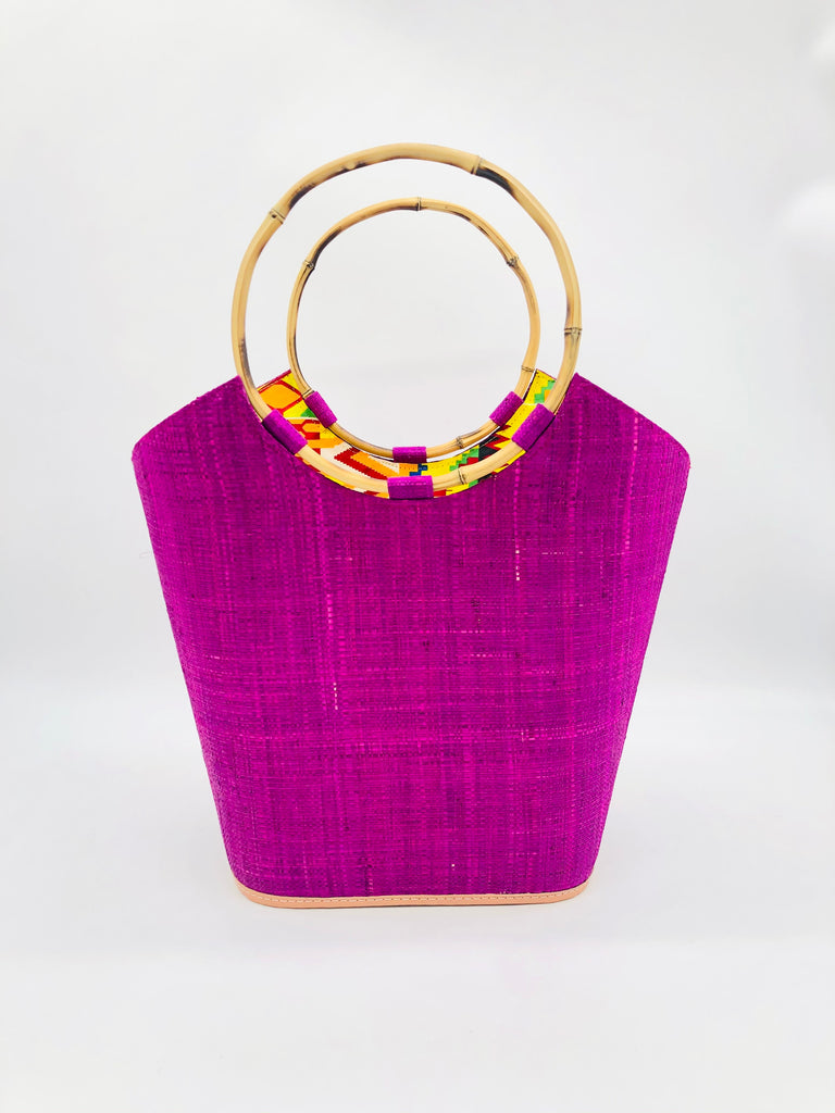 Carmen solid Orchid purple/pink color woven raffia straw bucket bag bamboo handle handbag - Shebobo