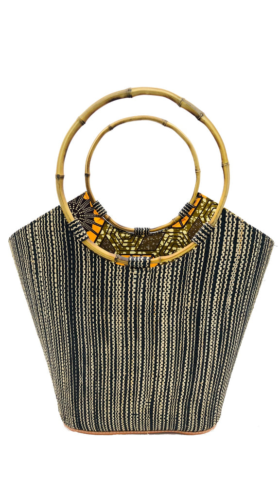 Carmen Solid/Stripes Straw Bucket Bag with Bamboo Handles Black and natural straw color melange heather/vertical stripe pattern and assorted liner purse - Shebobo