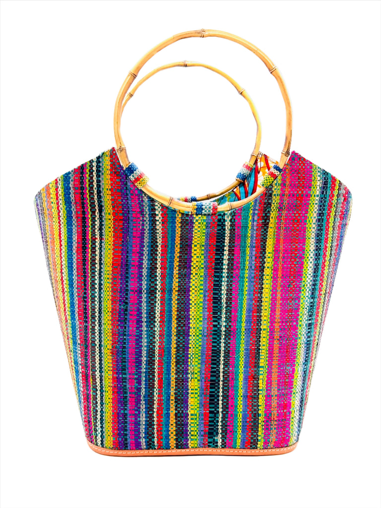 Carmen Solid/Stripes Straw Bucket Bag with Bamboo Handles Turquoise Stripe multicolor vertical stripe pattern of lime, yellow, turquoise, blue, red, purple, yellow, black, natural, fuchsia, etc with assorted liner purse - Shebobo