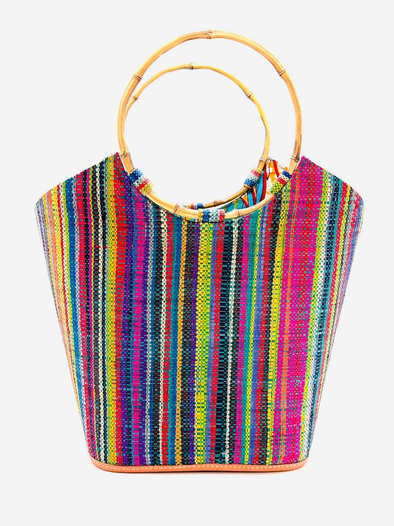Carmen Solid/Stripes Straw Bucket Bag with Bamboo Handles Turquoise Stripe multicolor vertical stripe pattern of lime, yellow, turquoise, blue, red, purple, yellow, black, natural, fuchsia, etc with assorted liner purse - Shebobo