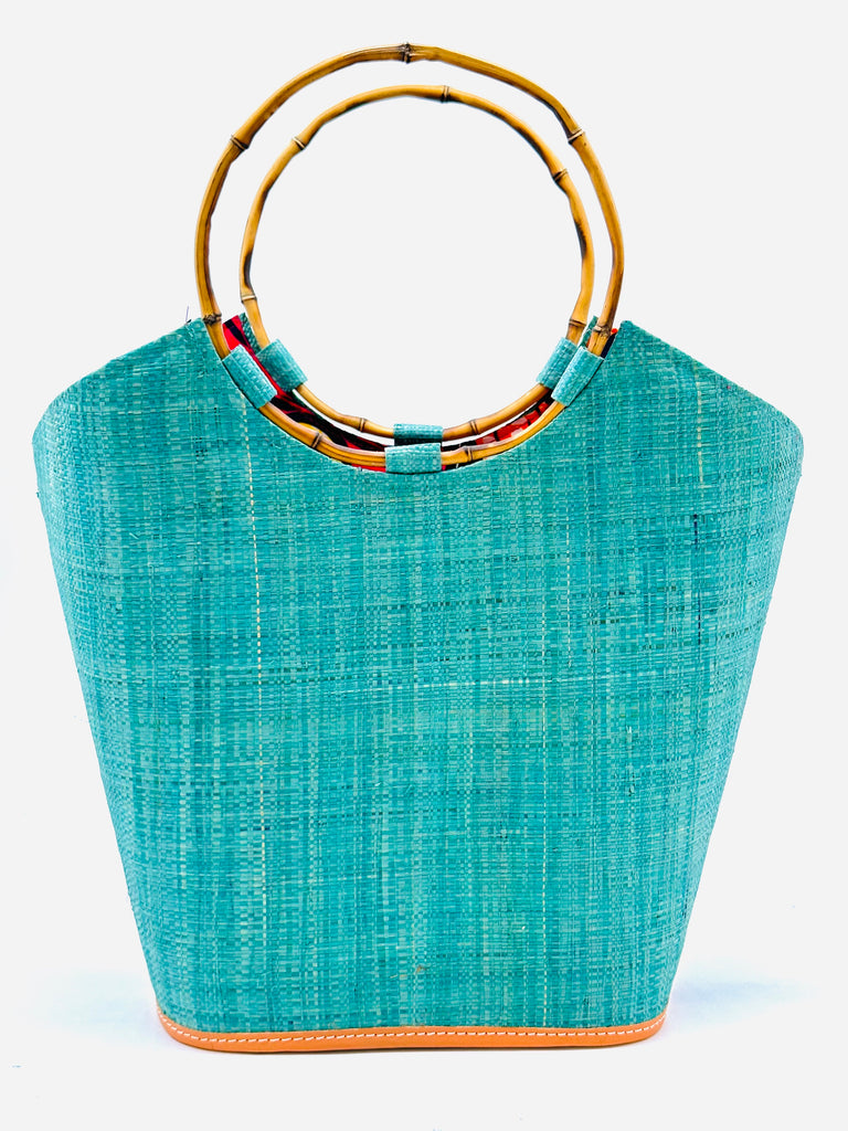 Carmen solid Seafoam blue/green color woven raffia straw bucket bag bamboo handle handbag - Shebobo