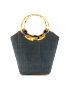 Carmen Black Straw Bucket Bag with Bamboo Handles handmade loomed raffia in a solid hue of black with assorted African print fabric liner handbag - Shebobo