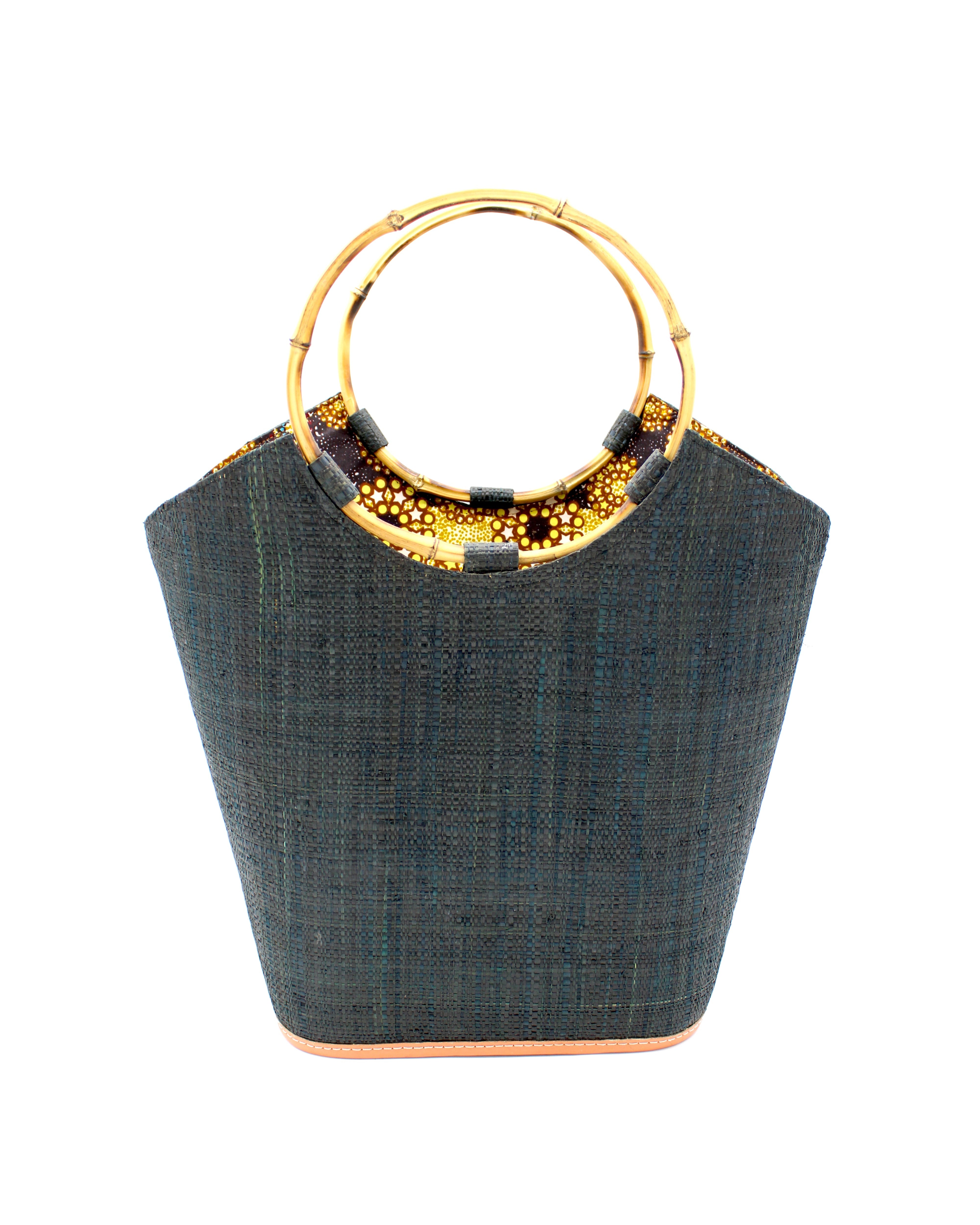 Carmen Black Straw Bucket Bag with Bamboo Handles handmade loomed raffia in a solid hue of black with assorted African print fabric liner handbag - Shebobo