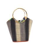 Carmen Straw Bucket Bag with Bamboo Handles Black Swirl multicolor vertical stripe pattern of natural straw color, grey, and black with assorted liner purse - Shebobo