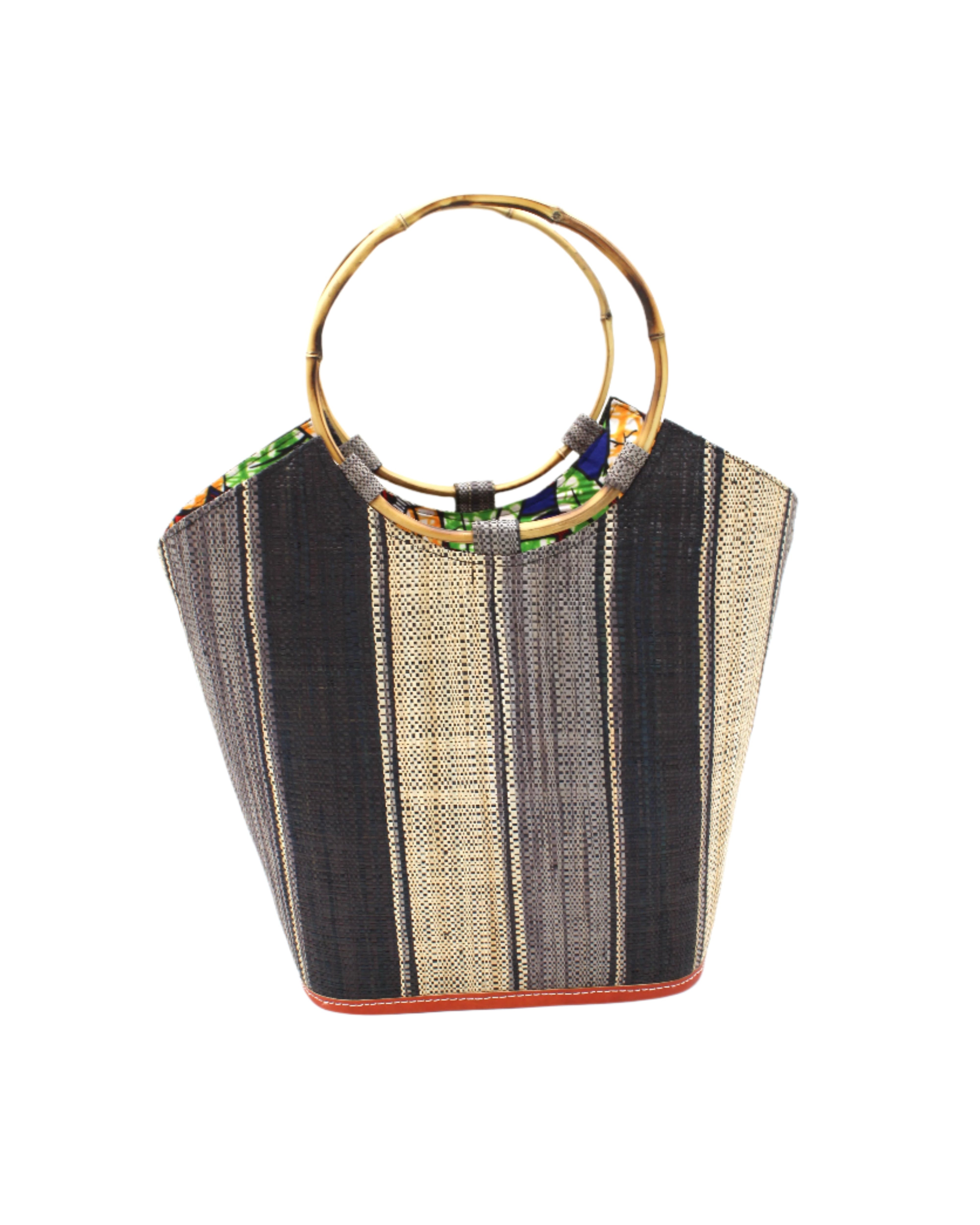 Carmen Straw Bucket Bag with Bamboo Handles Black Swirl multicolor vertical stripe pattern of natural straw color, grey, and black with assorted liner purse - Shebobo