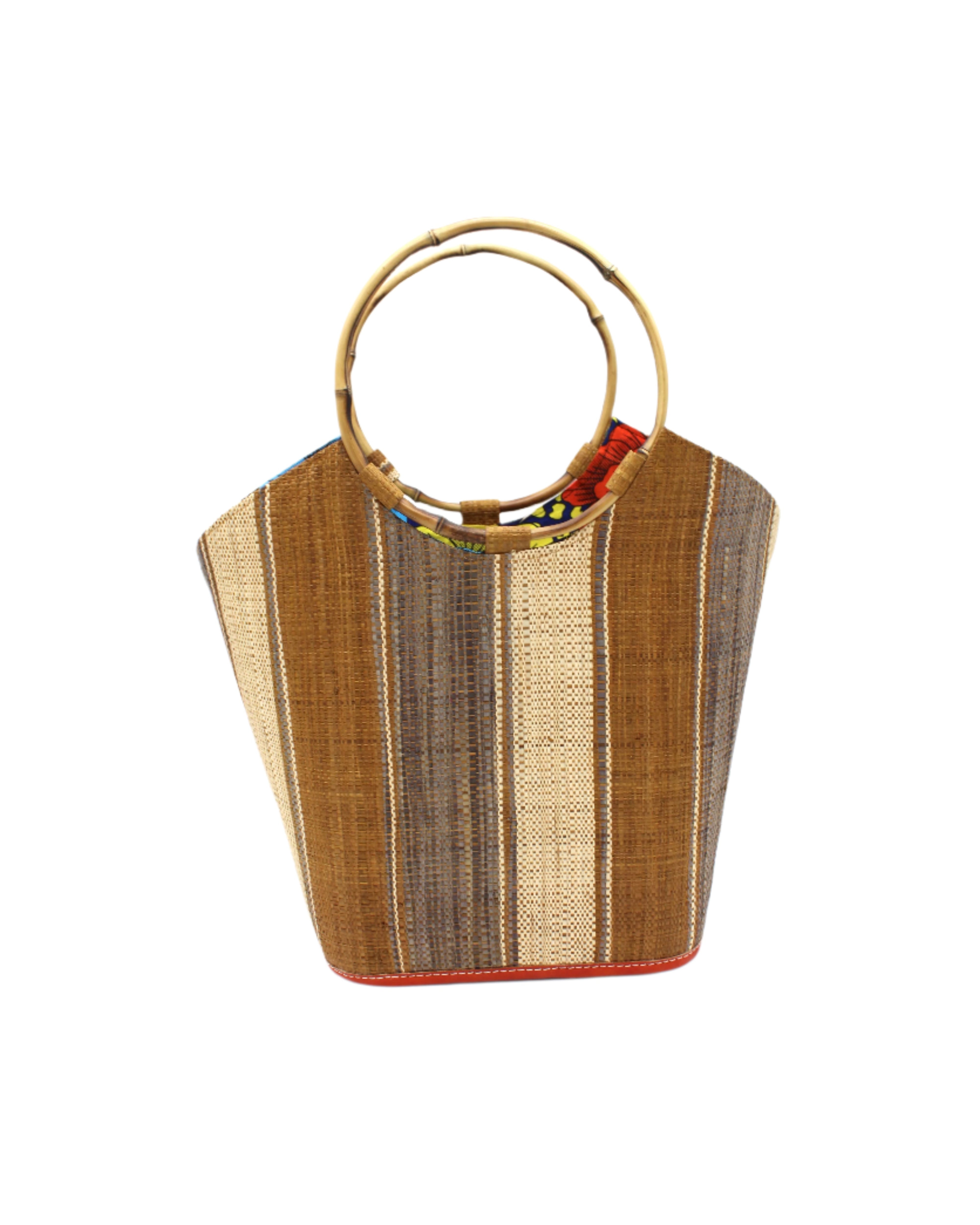 Carmen Straw Bucket Bag with Bamboo Handles Cinnamon Swirl multicolor vertical stripe pattern of natural straw color, cinnamon/tobacco/dark/brown, and grey with assorted liner purse - Shebobo